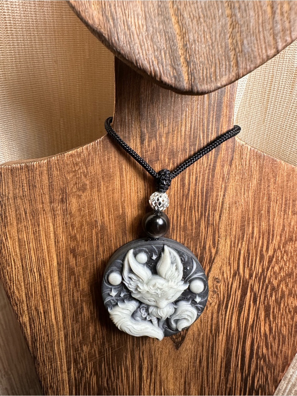 Tai Chi Stone Fox Pendant Necklace on Black Rope